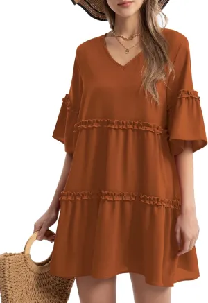 Funlingo Women's Summer Solid Flowy Tunic Mini Dress Short Sleeve V Neck Swing A-line Knee Length Dress