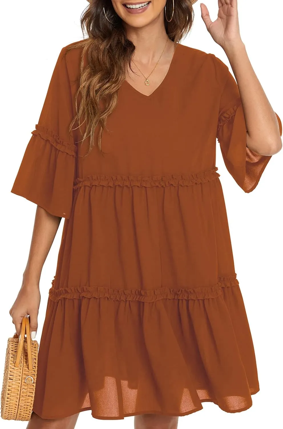 Funlingo Women's Summer Solid Flowy Tunic Mini Dress Short Sleeve V Neck Swing A-line Knee Length Dress
