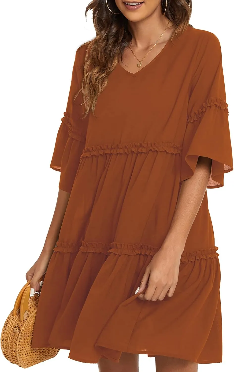 Funlingo Women's Summer Solid Flowy Tunic Mini Dress Short Sleeve V Neck Swing A-line Knee Length Dress