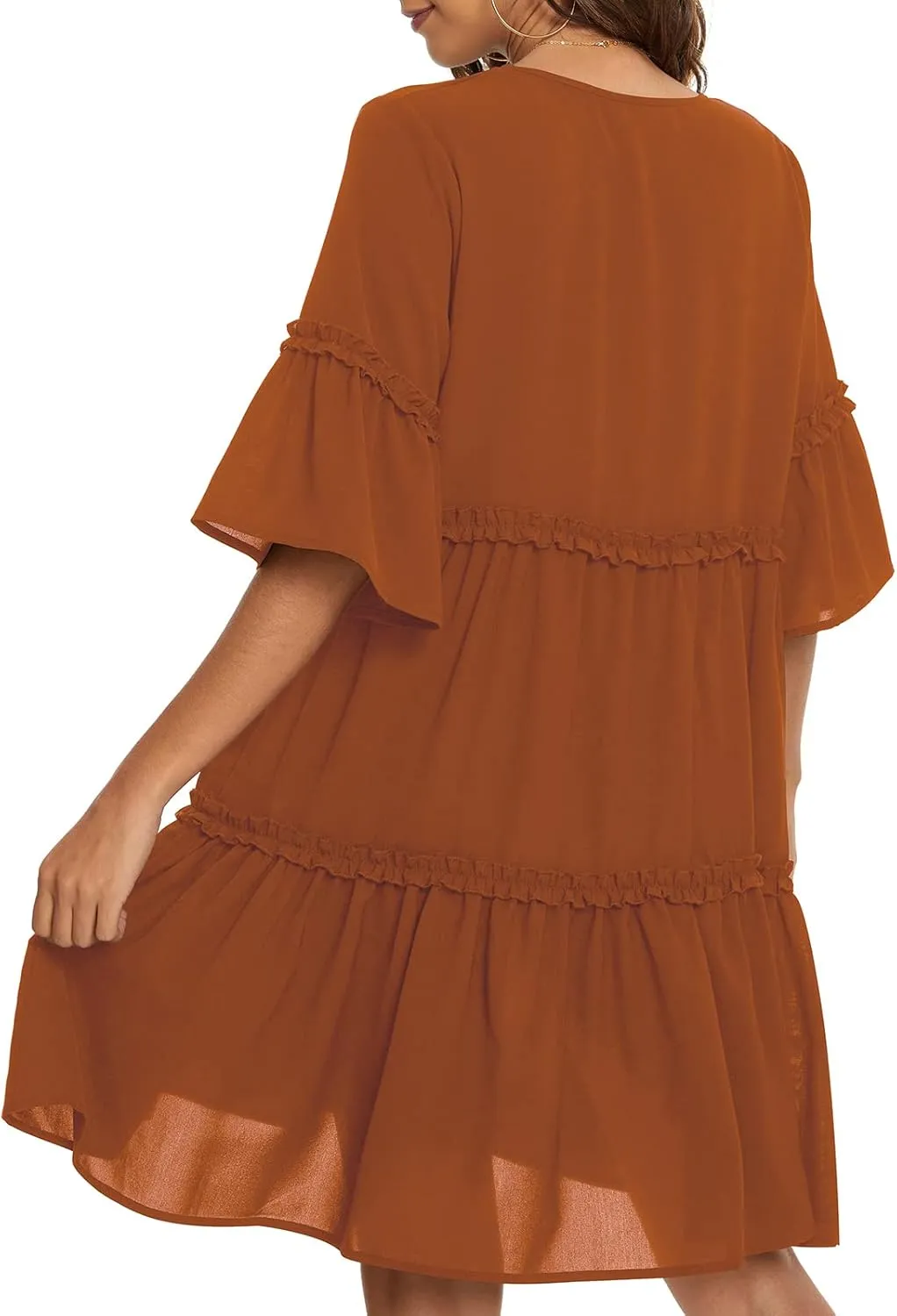 Funlingo Women's Summer Solid Flowy Tunic Mini Dress Short Sleeve V Neck Swing A-line Knee Length Dress