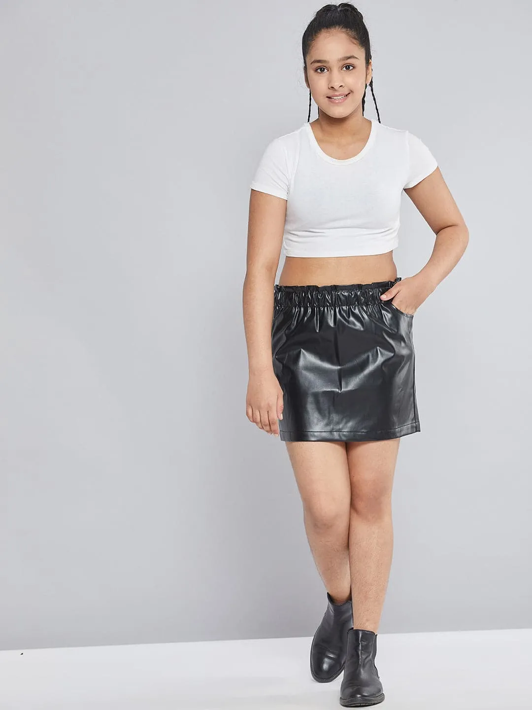 Girls Black Paperbag Waist Pu Skirt - Lyush Kids