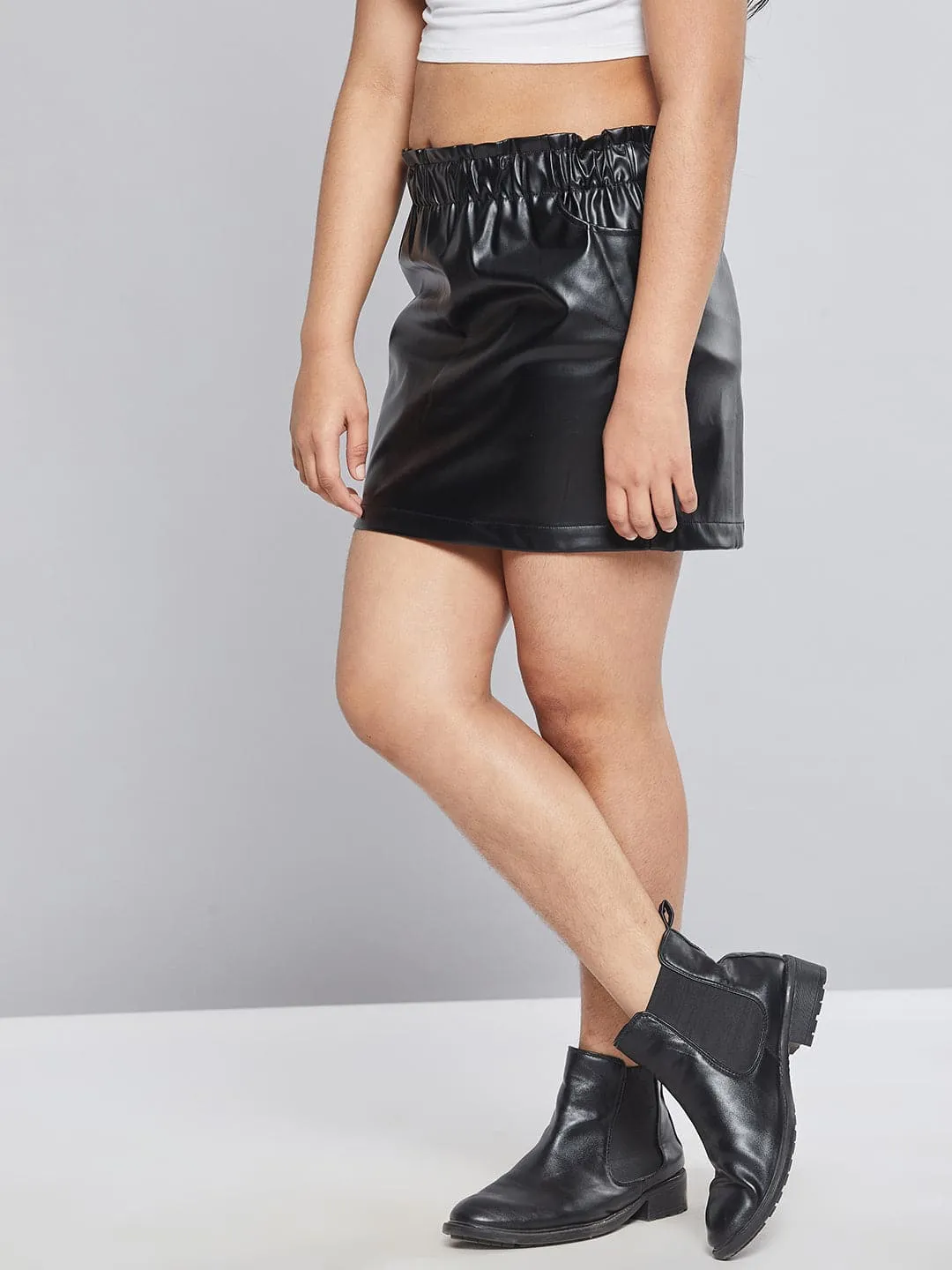 Girls Black Paperbag Waist Pu Skirt - Lyush Kids