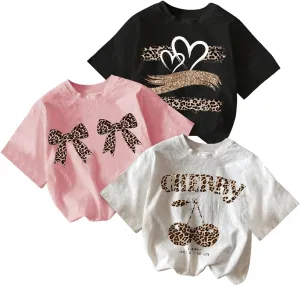 Girl's Bow Cherry Graphic Tees Short Sleeve Crewneck Cute T Shirts Tops for Teens Summer Tops