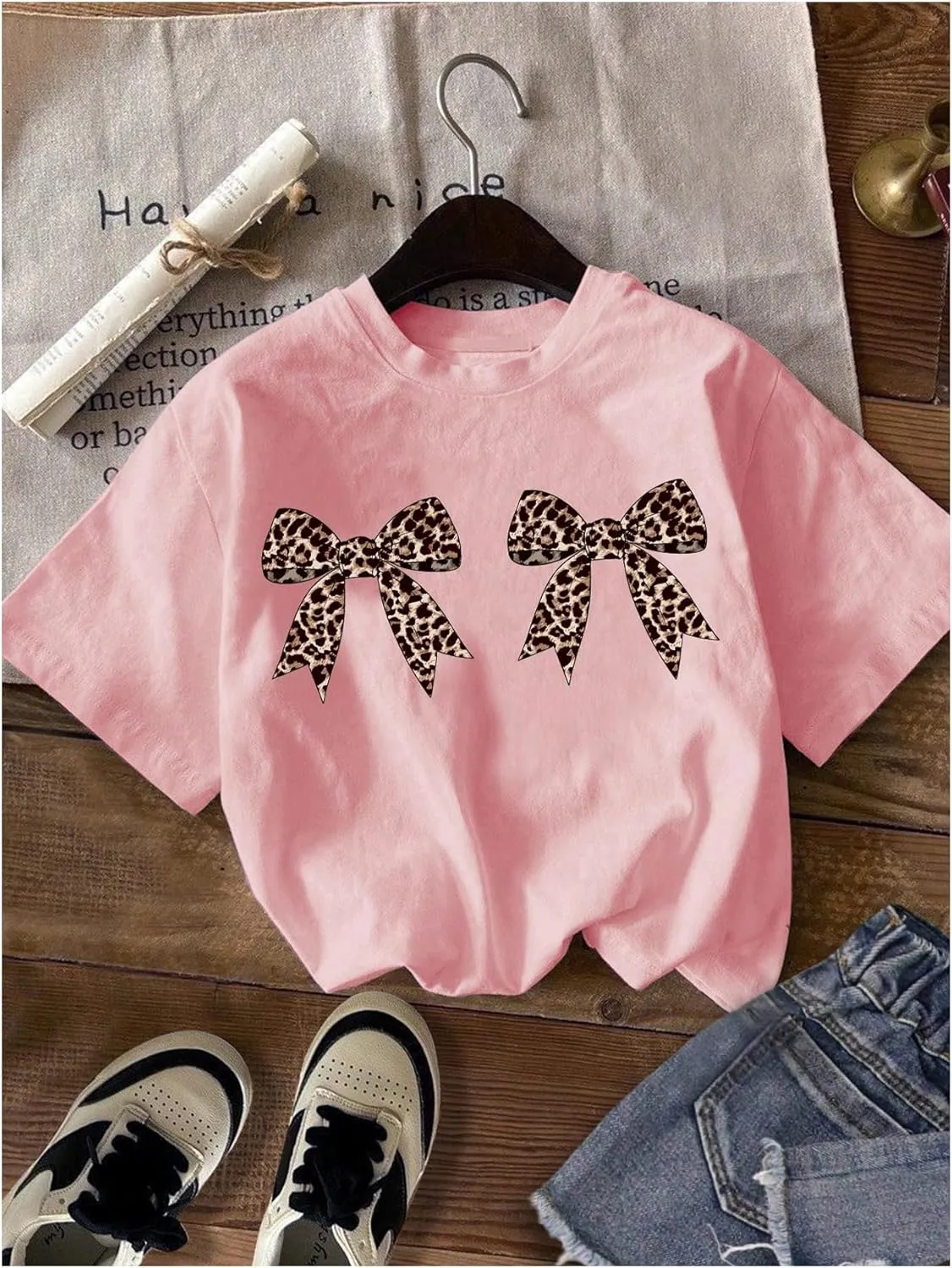 Girl's Bow Cherry Graphic Tees Short Sleeve Crewneck Cute T Shirts Tops for Teens Summer Tops
