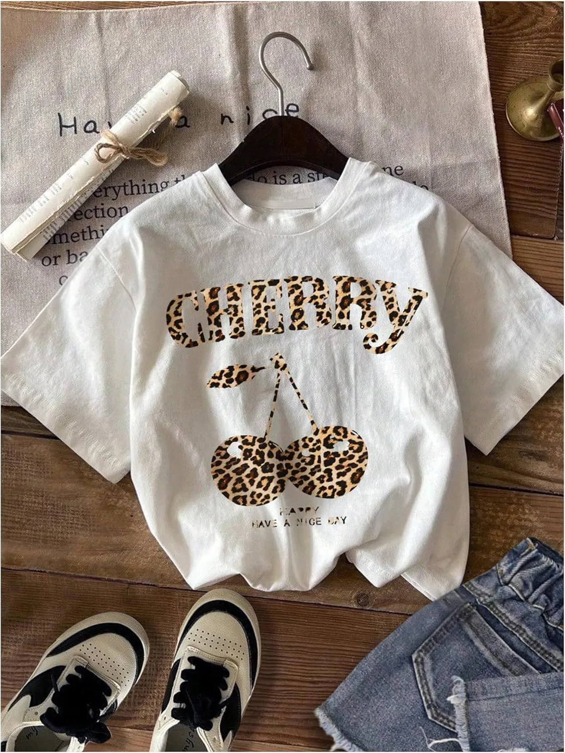 Girl's Bow Cherry Graphic Tees Short Sleeve Crewneck Cute T Shirts Tops for Teens Summer Tops