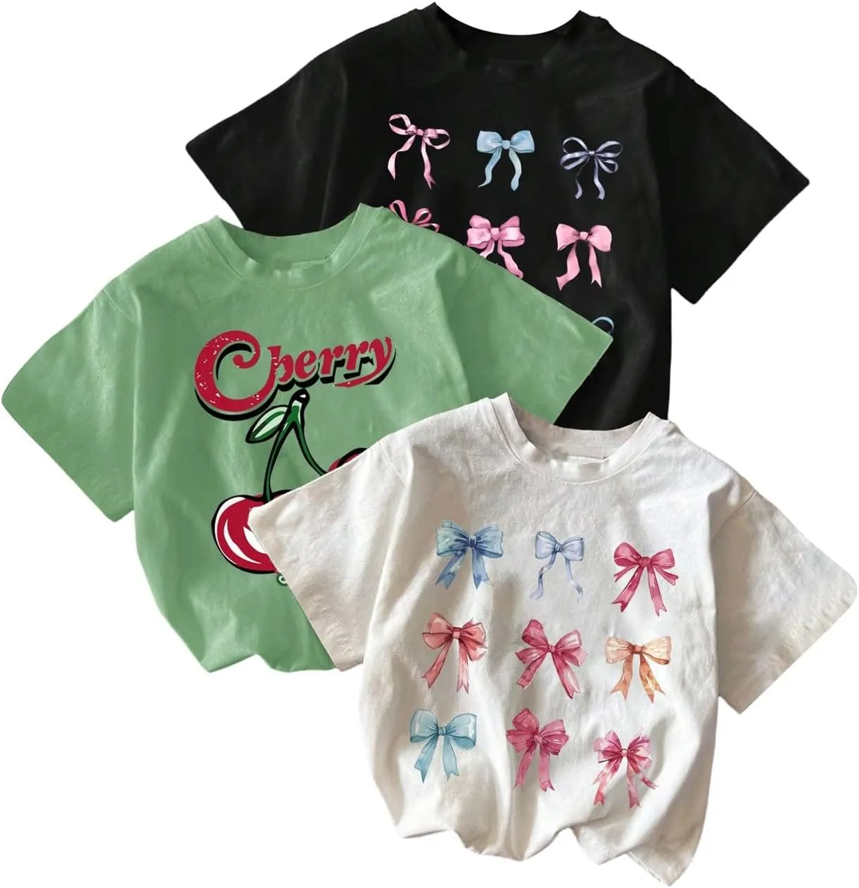 Girl's Bow Cherry Graphic Tees Short Sleeve Crewneck Cute T Shirts Tops for Teens Summer Tops