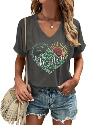 Graphic V Neck Shirt for Women Boho Floral Wildflowers Tee Casual Cottagecore Summer T-Shirt Blouse