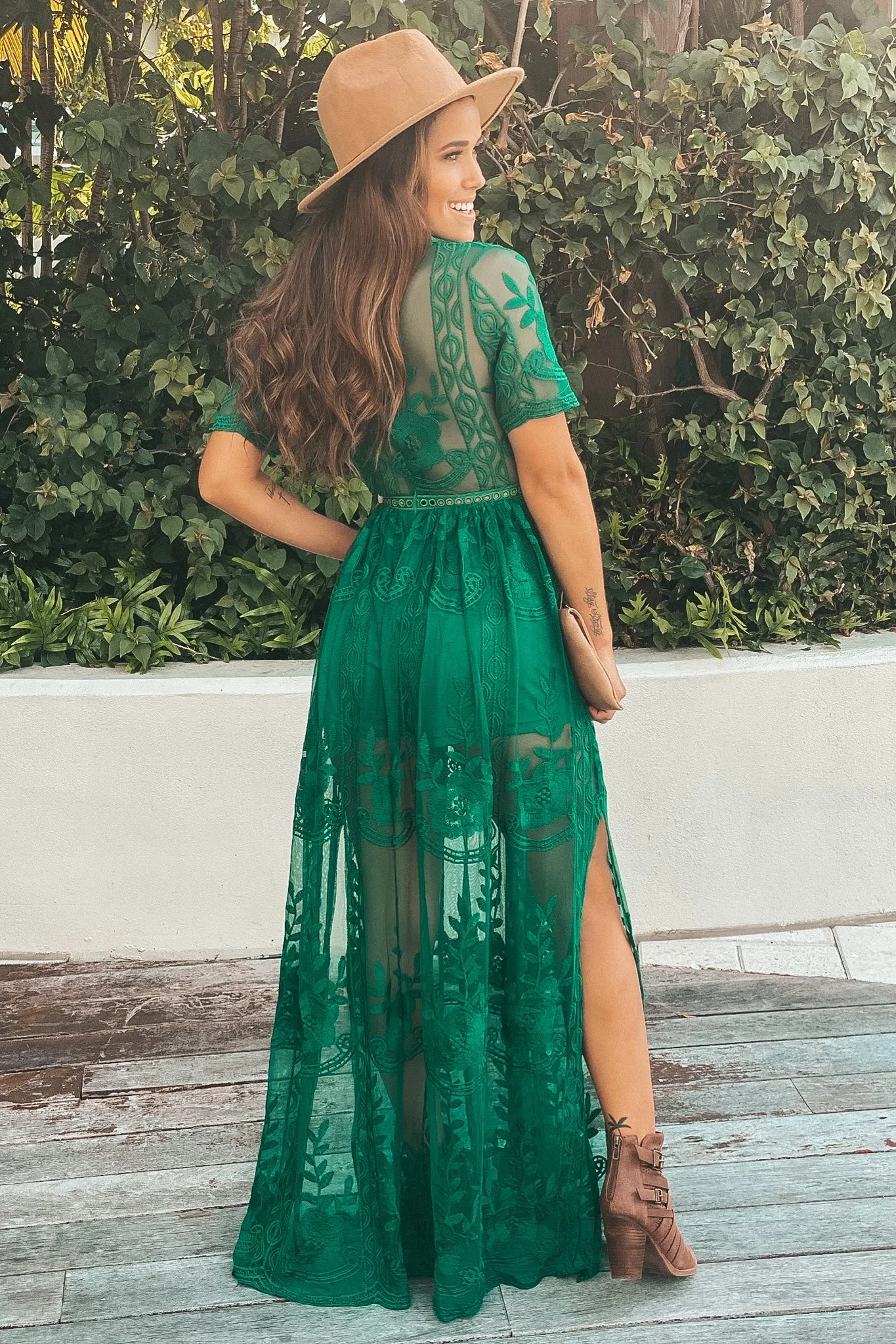 Green Lace Maxi Romper With Sleeves and Slits