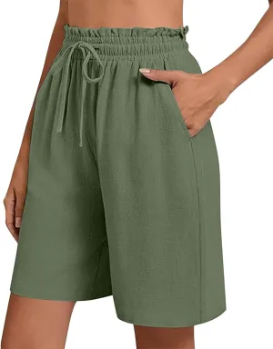 High Waisted Cotton Linen Shorts for Women Casual Summer Wide Leg Drawstring Paperbag Shorts with Pockets