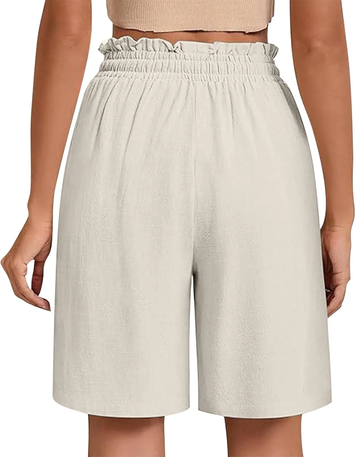 High Waisted Cotton Linen Shorts for Women Casual Summer Wide Leg Drawstring Paperbag Shorts with Pockets