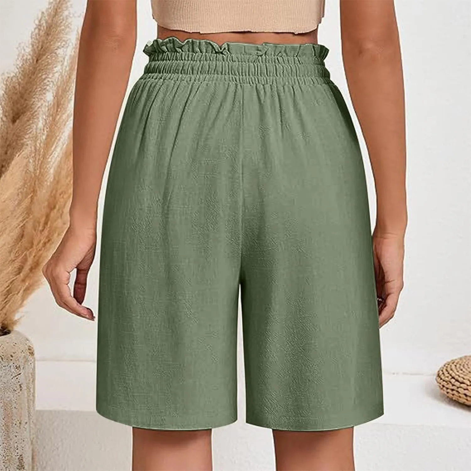 High Waisted Cotton Linen Shorts for Women Casual Summer Wide Leg Drawstring Paperbag Shorts with Pockets