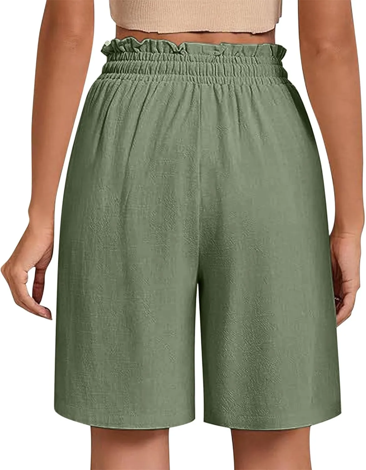 High Waisted Cotton Linen Shorts for Women Casual Summer Wide Leg Drawstring Paperbag Shorts with Pockets