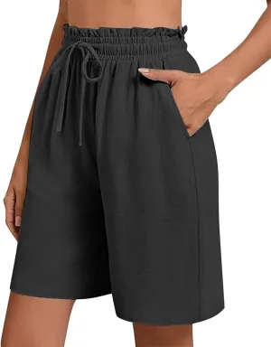 High Waisted Cotton Linen Shorts for Women Casual Summer Wide Leg Drawstring Paperbag Shorts with Pockets