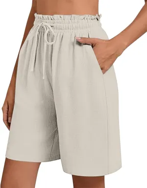High Waisted Cotton Linen Shorts for Women Casual Summer Wide Leg Drawstring Paperbag Shorts with Pockets