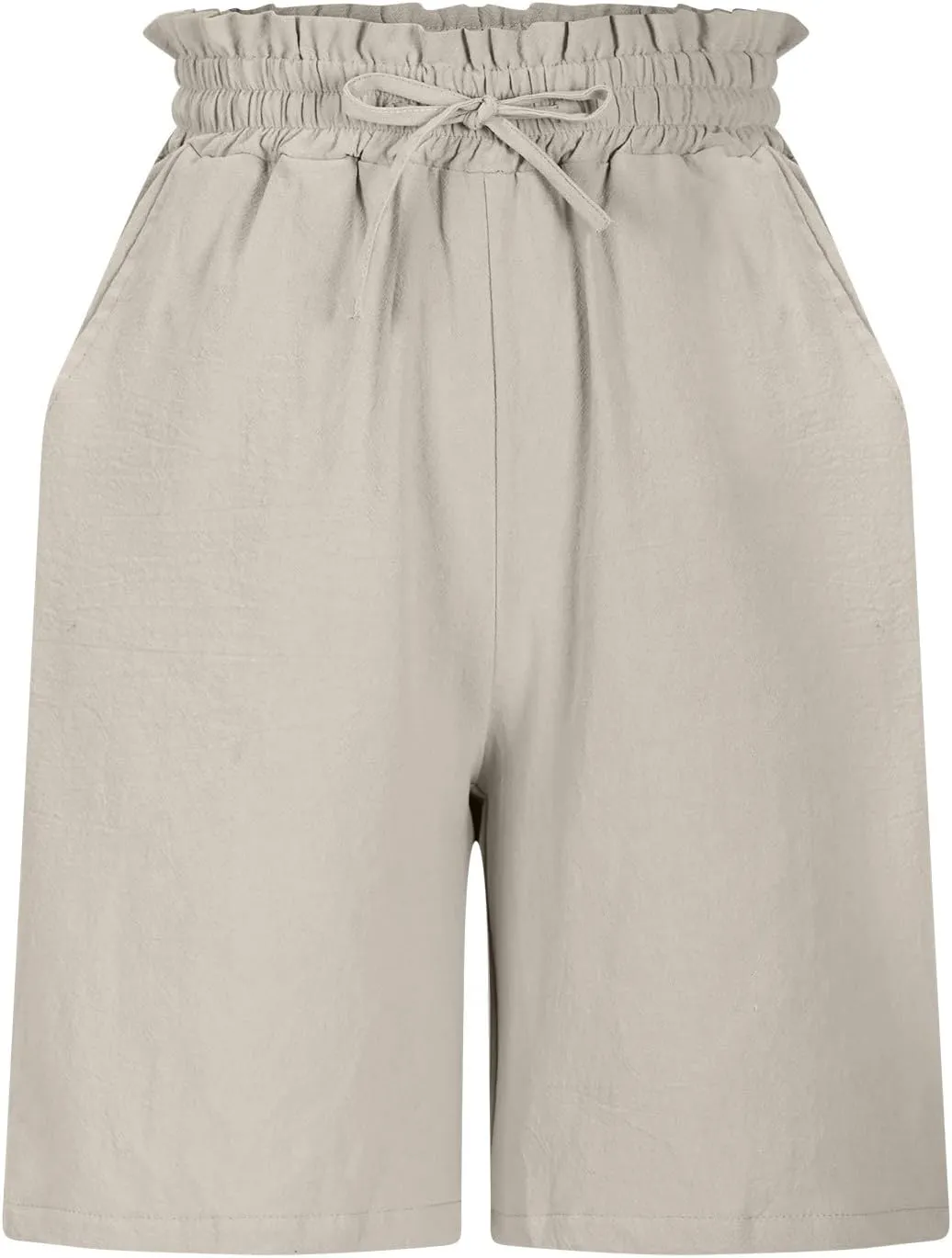 High Waisted Cotton Linen Shorts for Women Casual Summer Wide Leg Drawstring Paperbag Shorts with Pockets