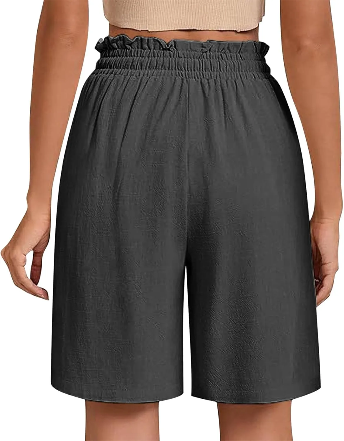 High Waisted Cotton Linen Shorts for Women Casual Summer Wide Leg Drawstring Paperbag Shorts with Pockets