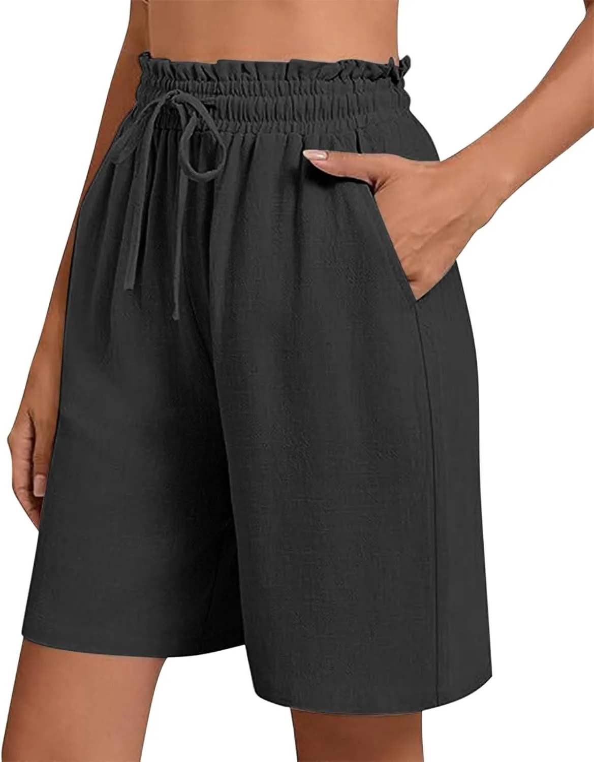 High Waisted Cotton Linen Shorts for Women Casual Summer Wide Leg Drawstring Paperbag Shorts with Pockets