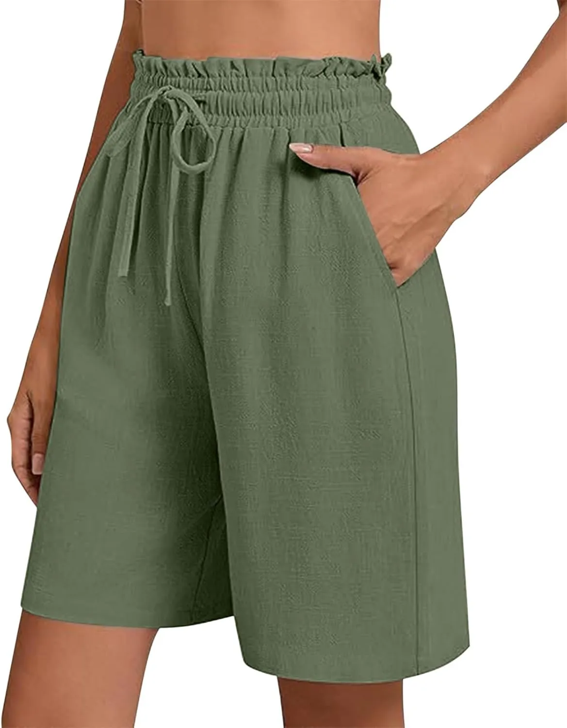 High Waisted Cotton Linen Shorts for Women Casual Summer Wide Leg Drawstring Paperbag Shorts with Pockets