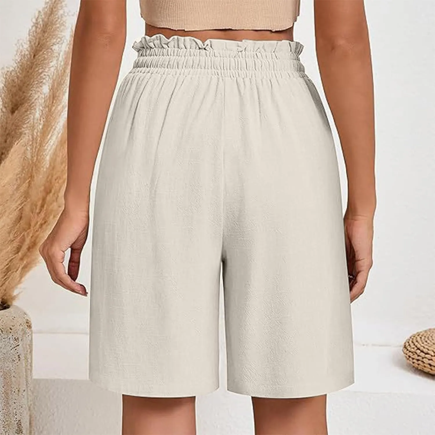 High Waisted Cotton Linen Shorts for Women Casual Summer Wide Leg Drawstring Paperbag Shorts with Pockets