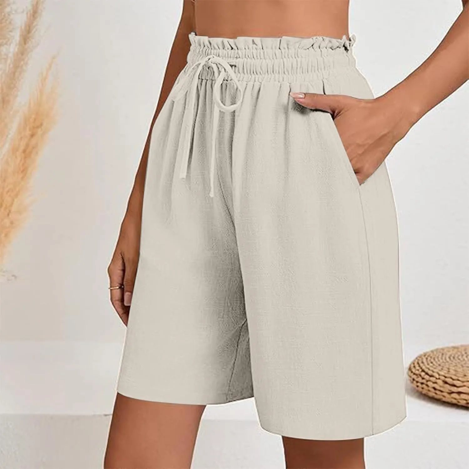 High Waisted Cotton Linen Shorts for Women Casual Summer Wide Leg Drawstring Paperbag Shorts with Pockets