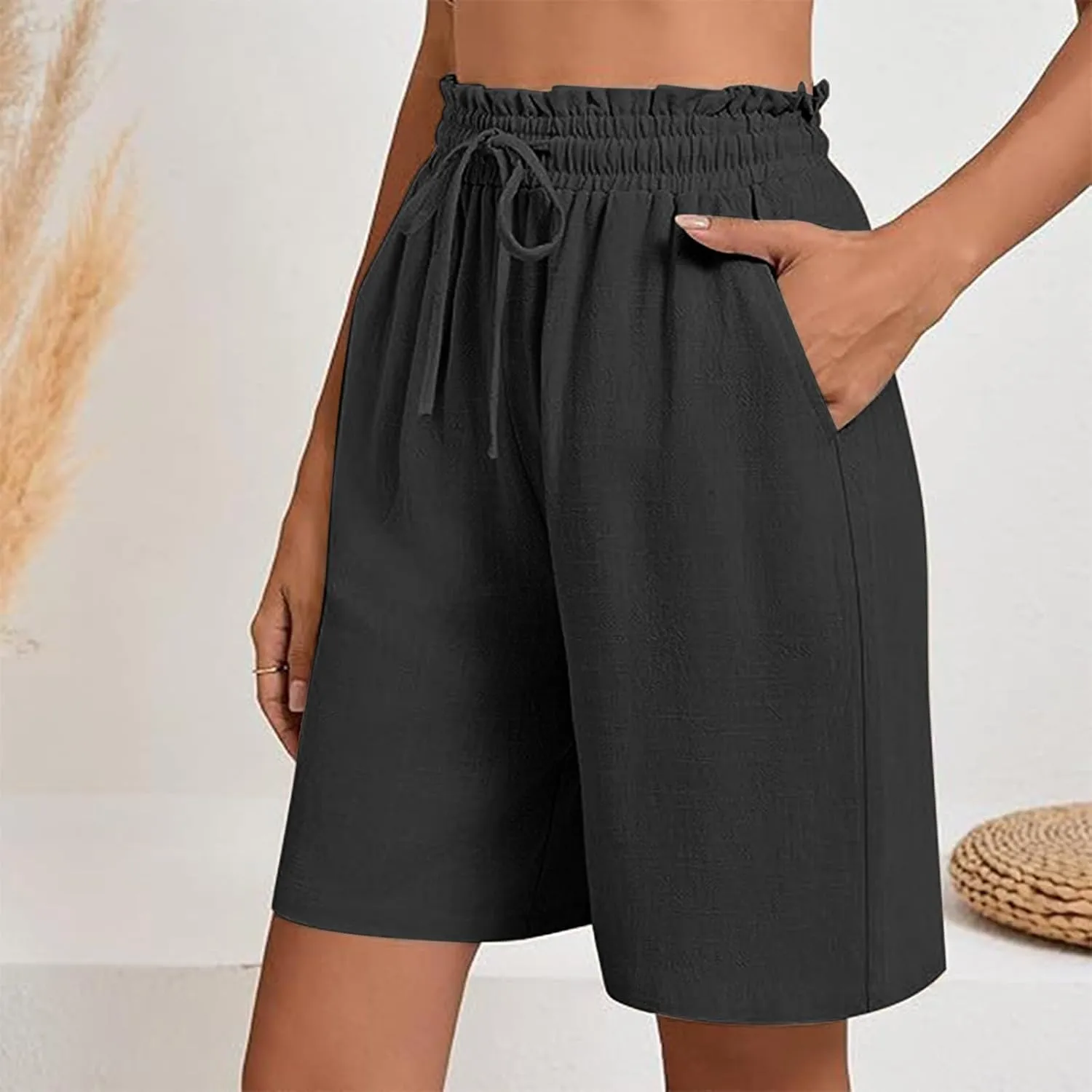 High Waisted Cotton Linen Shorts for Women Casual Summer Wide Leg Drawstring Paperbag Shorts with Pockets
