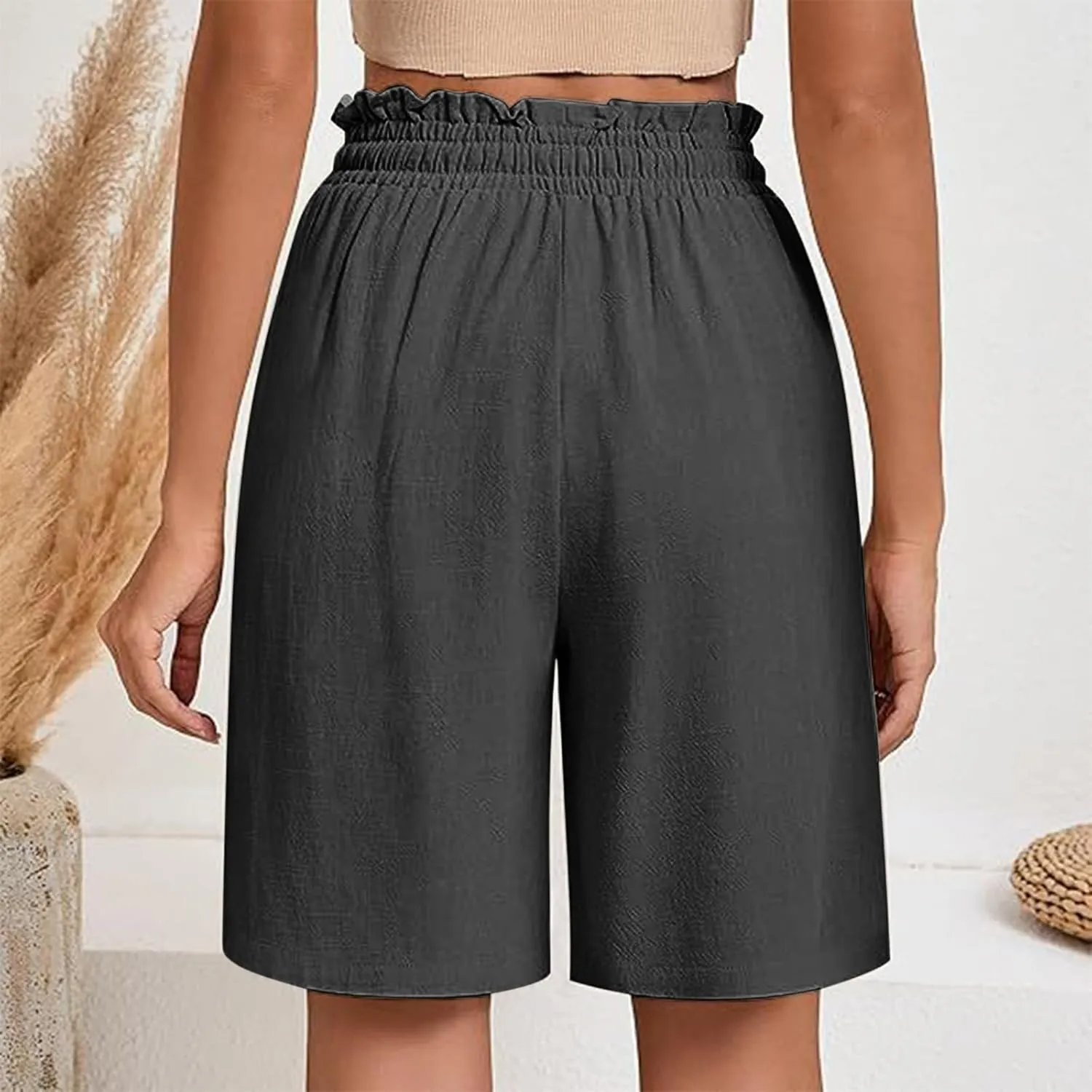 High Waisted Cotton Linen Shorts for Women Casual Summer Wide Leg Drawstring Paperbag Shorts with Pockets