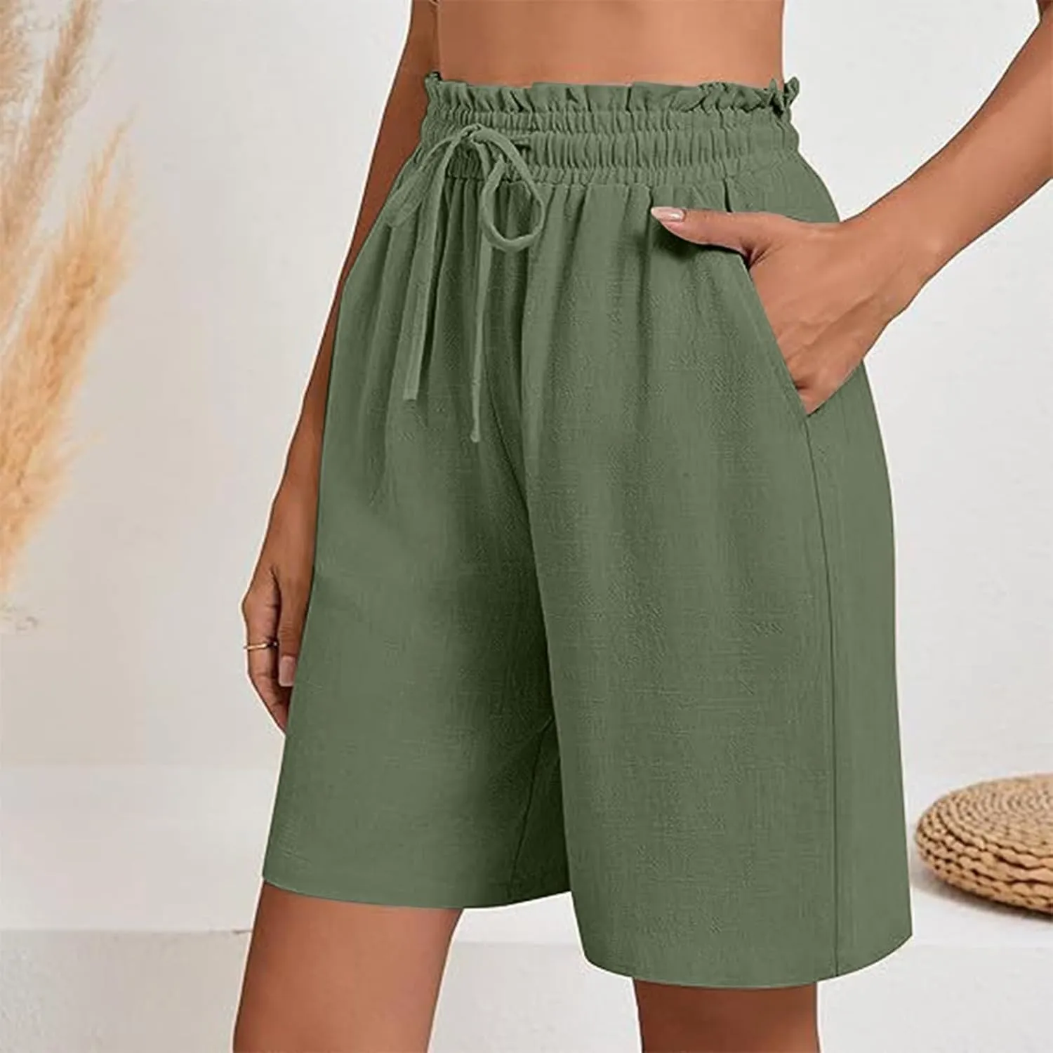 High Waisted Cotton Linen Shorts for Women Casual Summer Wide Leg Drawstring Paperbag Shorts with Pockets