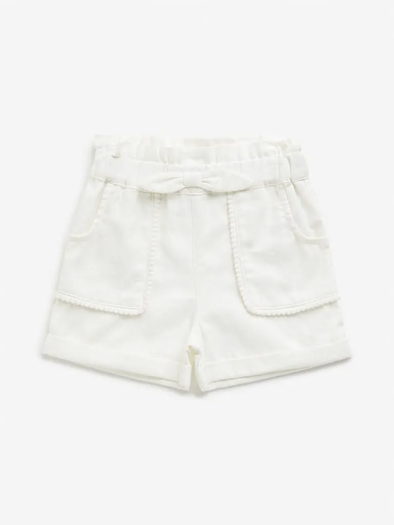 HOP Kids White Paperbag-Waist Mid-Rise Cotton Shorts