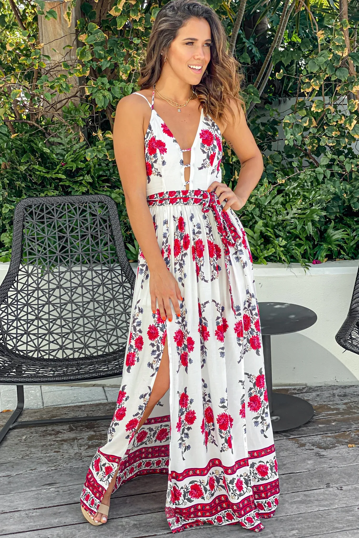 Ivory and Red Floral Maxi Dress With Waist Tie