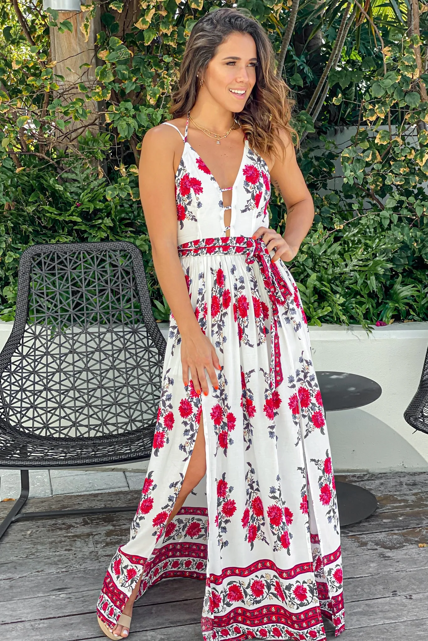 Ivory and Red Floral Maxi Dress With Waist Tie