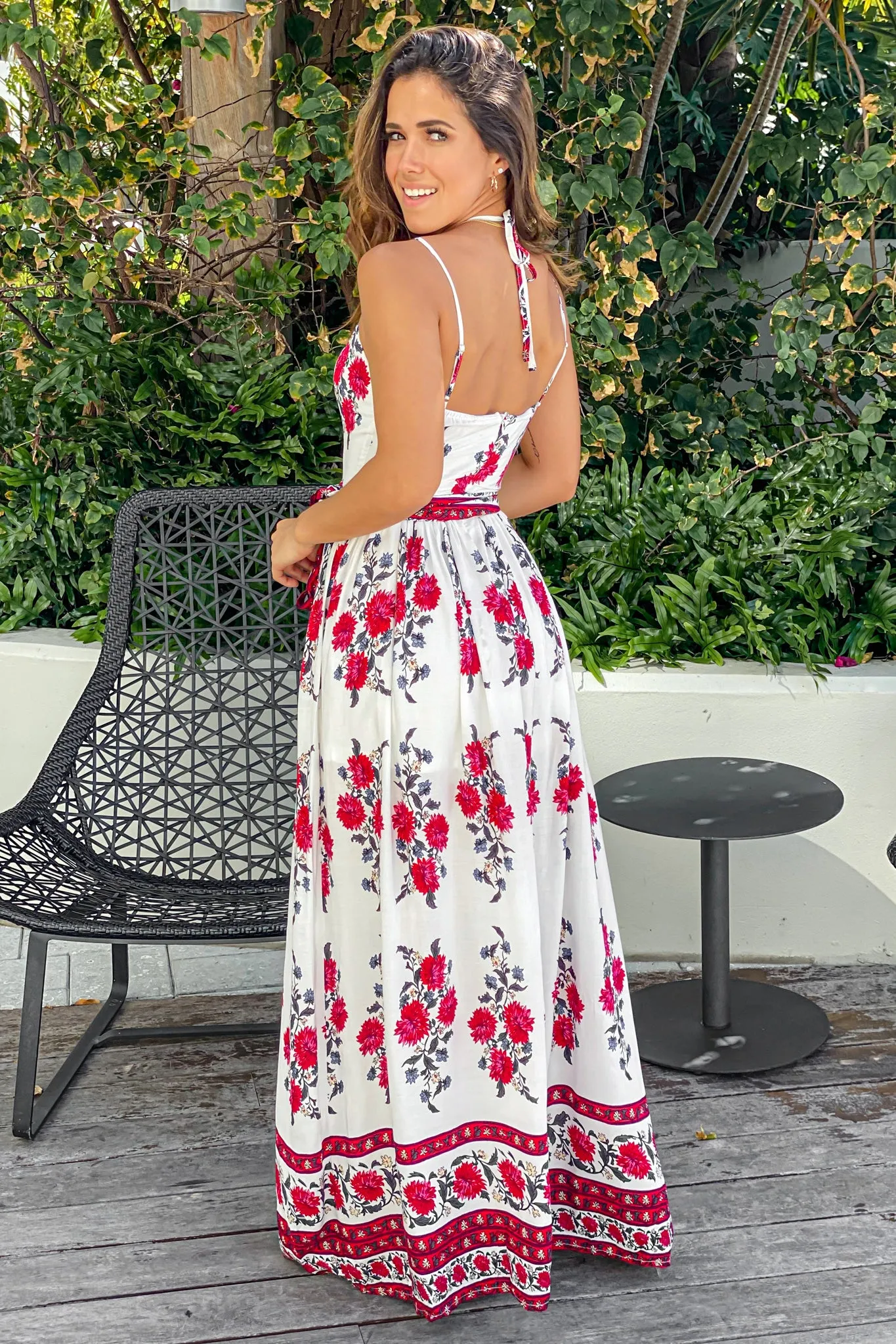 Ivory and Red Floral Maxi Dress With Waist Tie