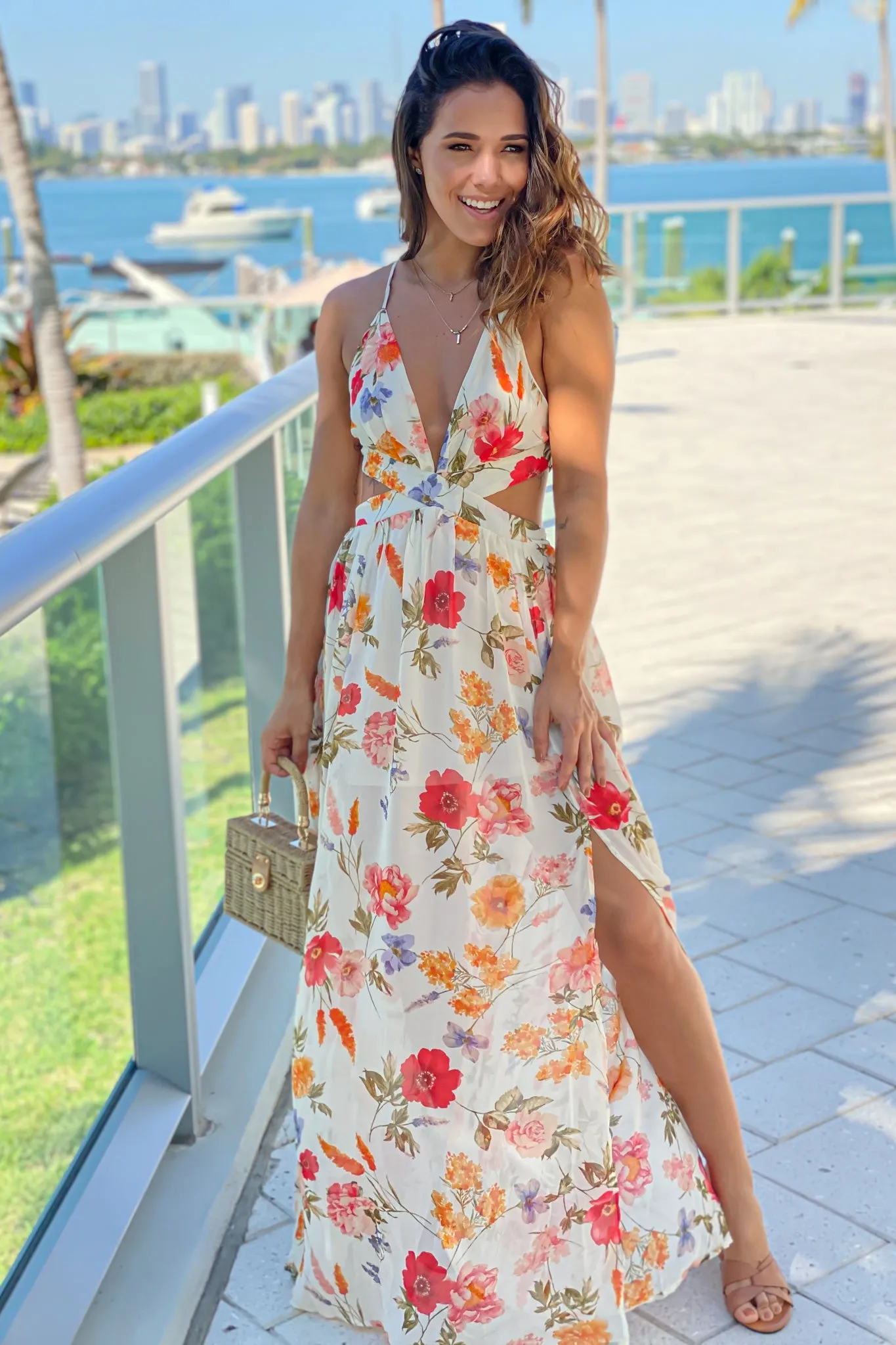 Ivory Floral Cut Out Maxi Dress