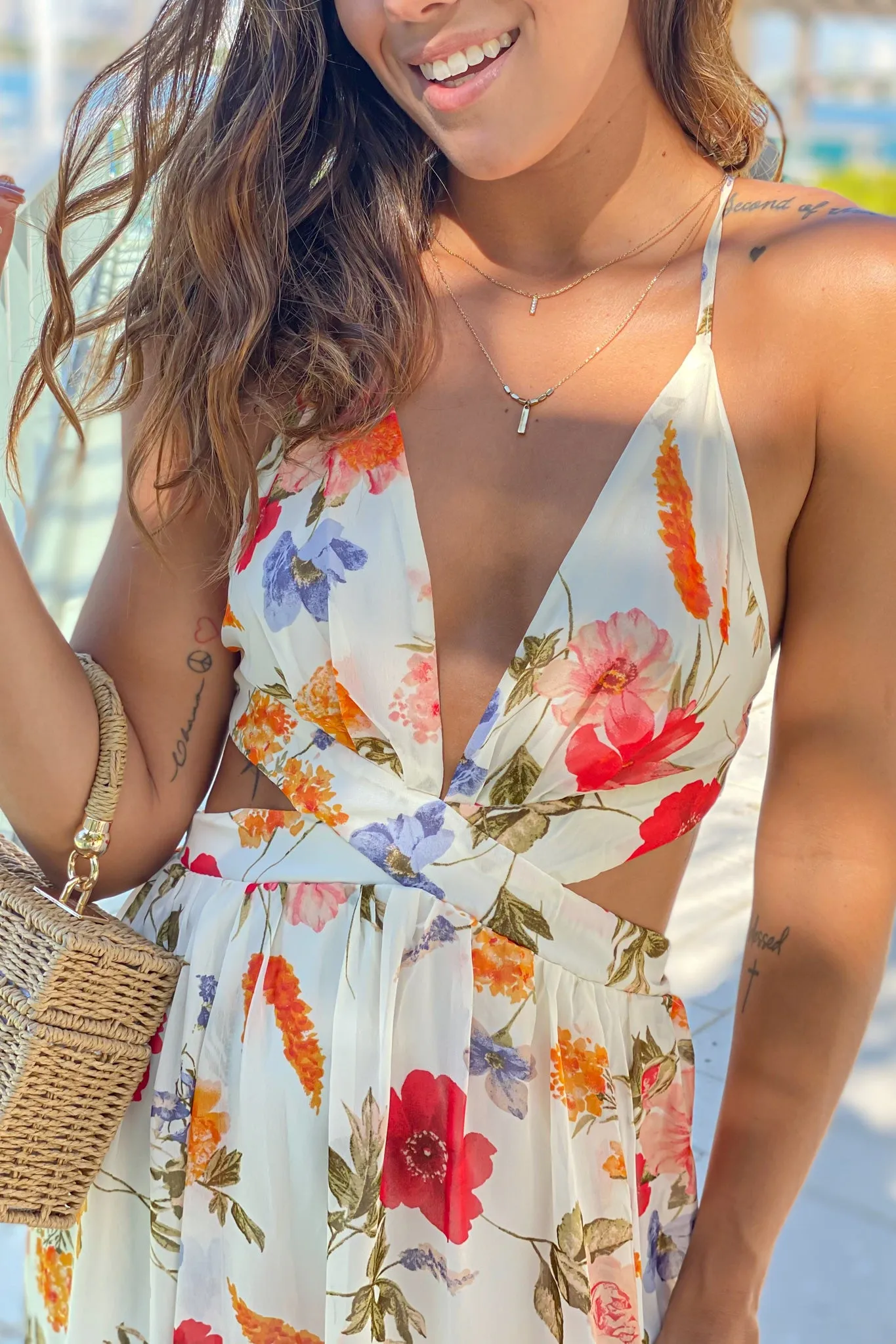 Ivory Floral Cut Out Maxi Dress