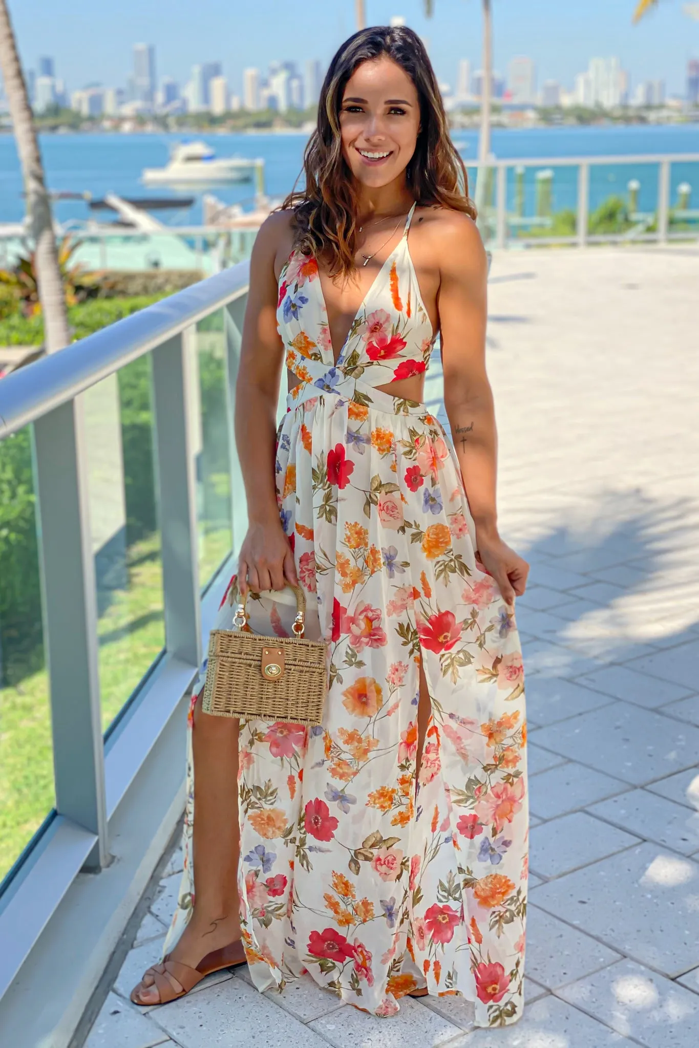 Ivory Floral Cut Out Maxi Dress