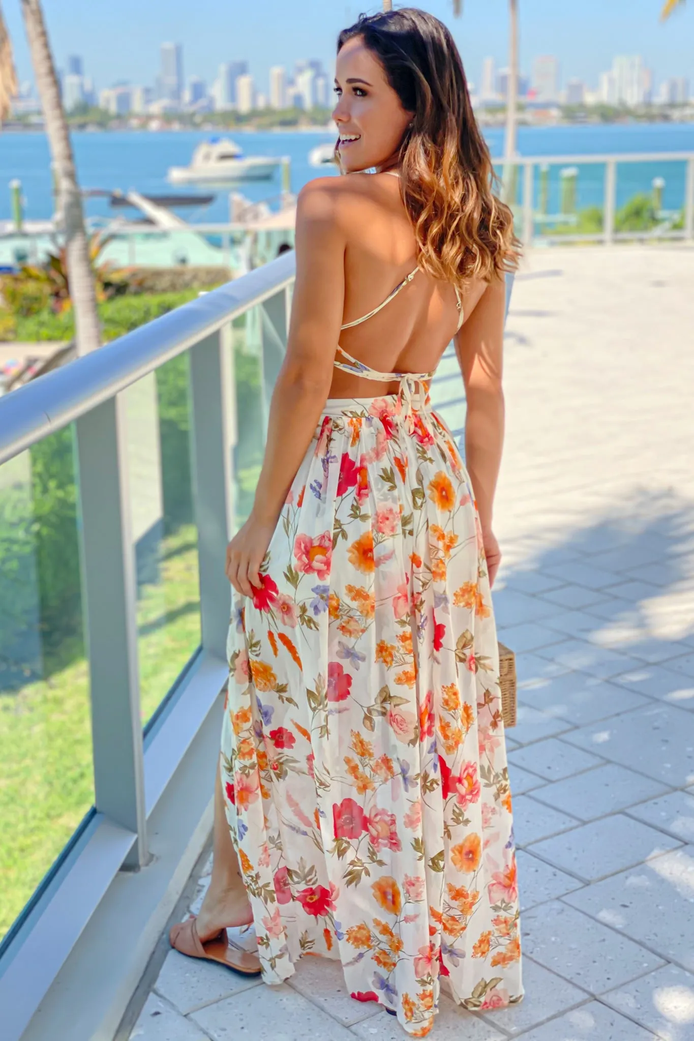 Ivory Floral Cut Out Maxi Dress