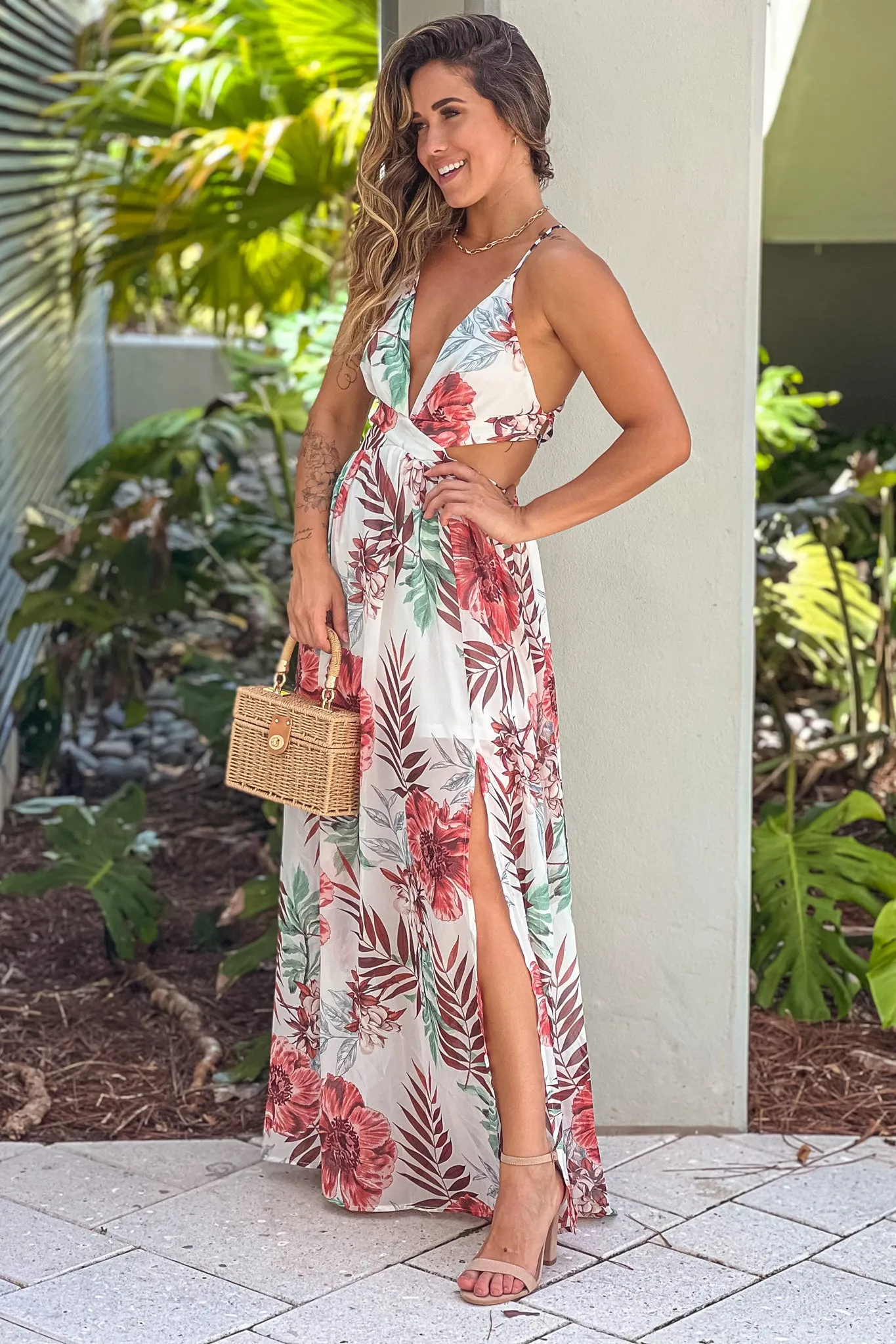 Ivory Floral Maxi Dress With Slit And Cut Outs