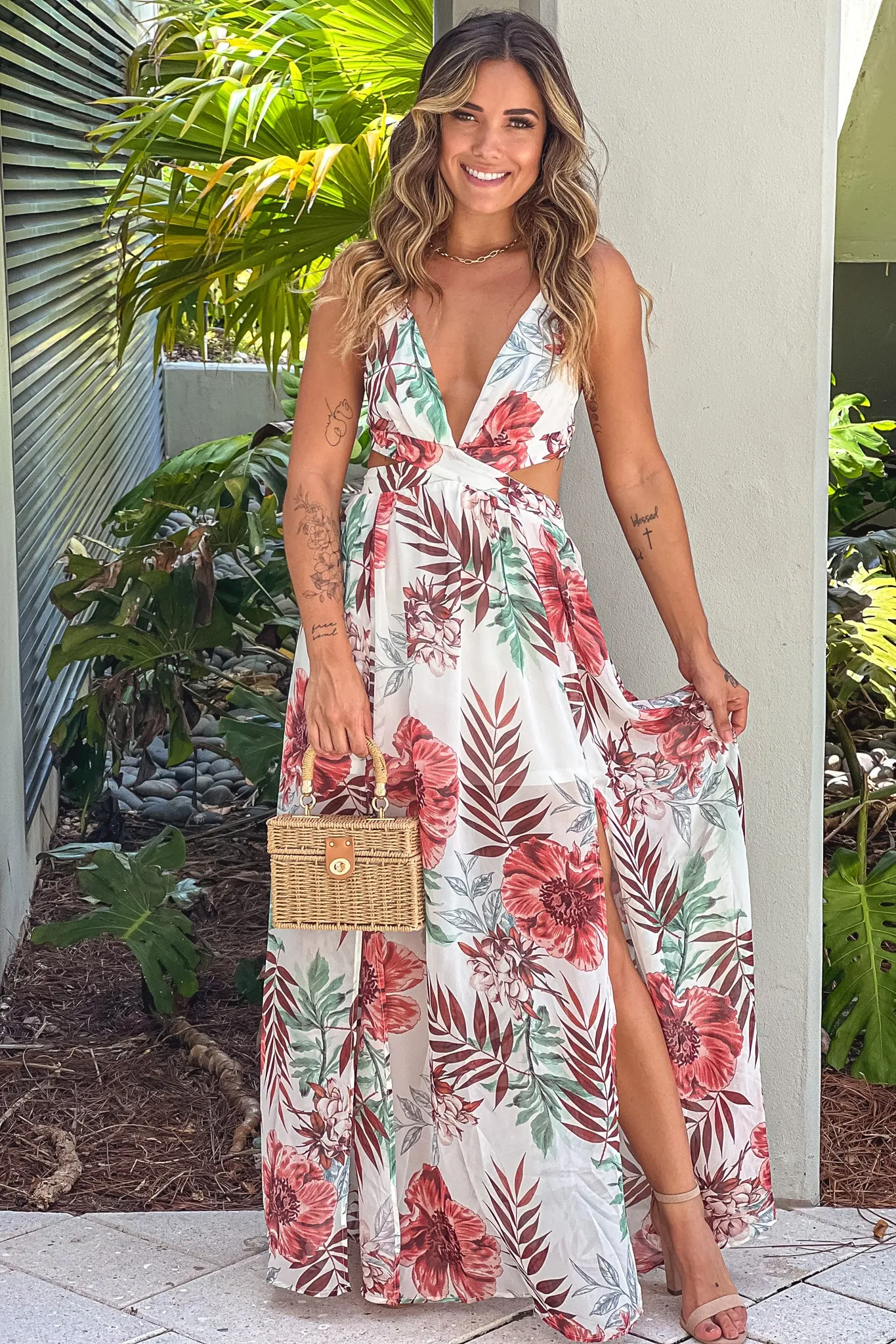 Ivory Floral Maxi Dress With Slit And Cut Outs