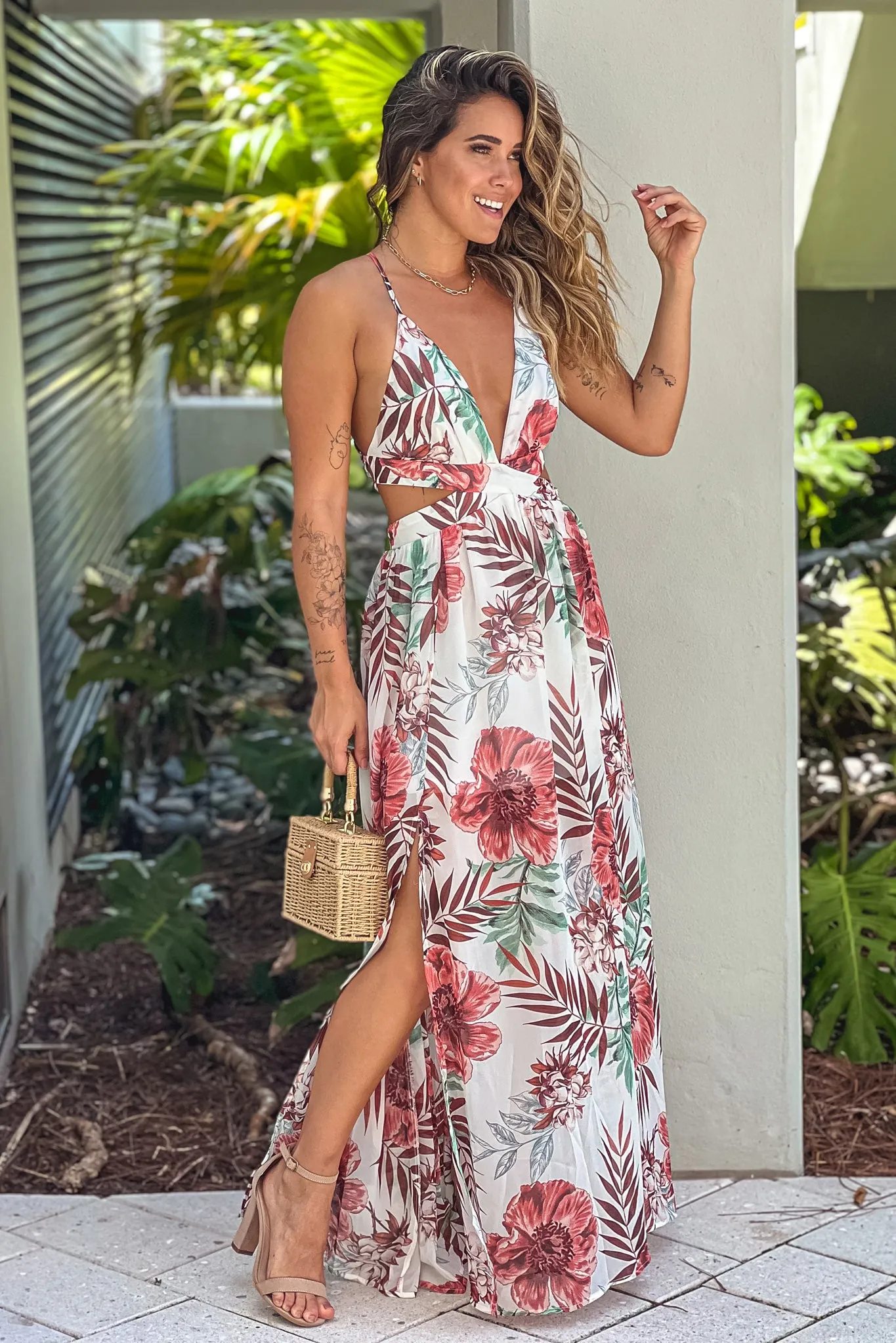 Ivory Floral Maxi Dress With Slit And Cut Outs