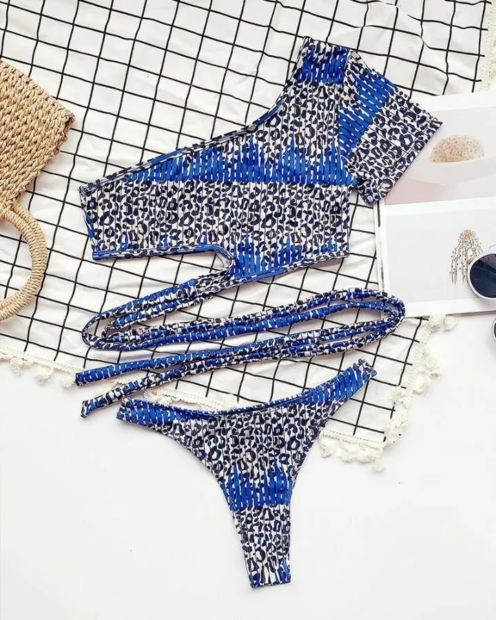 Leopard One Shoulder Strappy Cropped Tops With Panties Bikini Sets