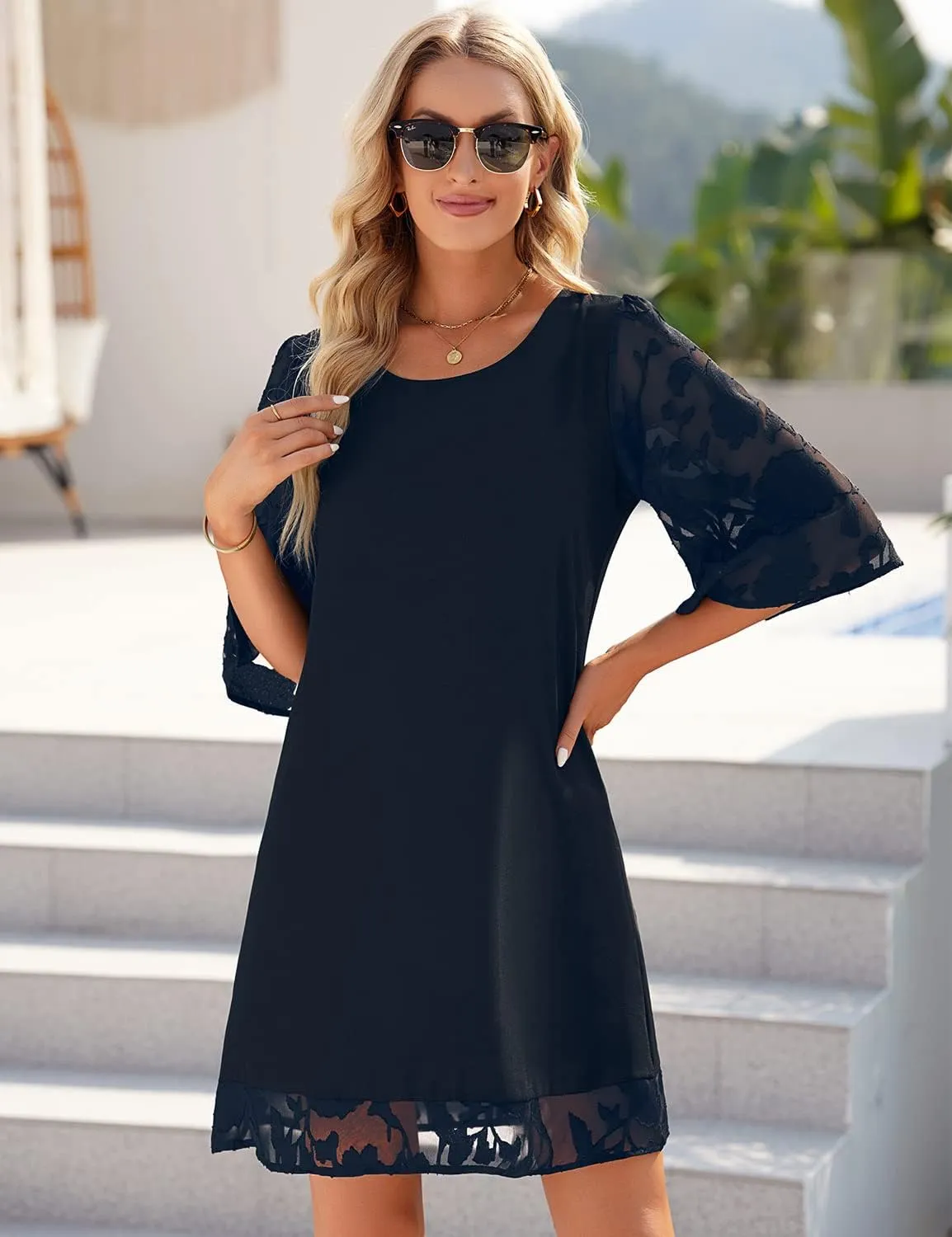 LookbookStore 3/4 Sleeve Dress for Women Shift Cute Summer Tunic Floral Lace Dresses