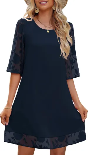 LookbookStore 3/4 Sleeve Dress for Women Shift Cute Summer Tunic Floral Lace Dresses