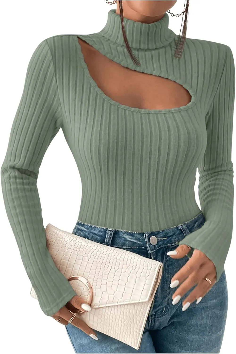 MakeMeChic Women's Ribbed Knit Tee Turtleneck Cut Out Long Sleeve Slim Fit T Shirt Tops