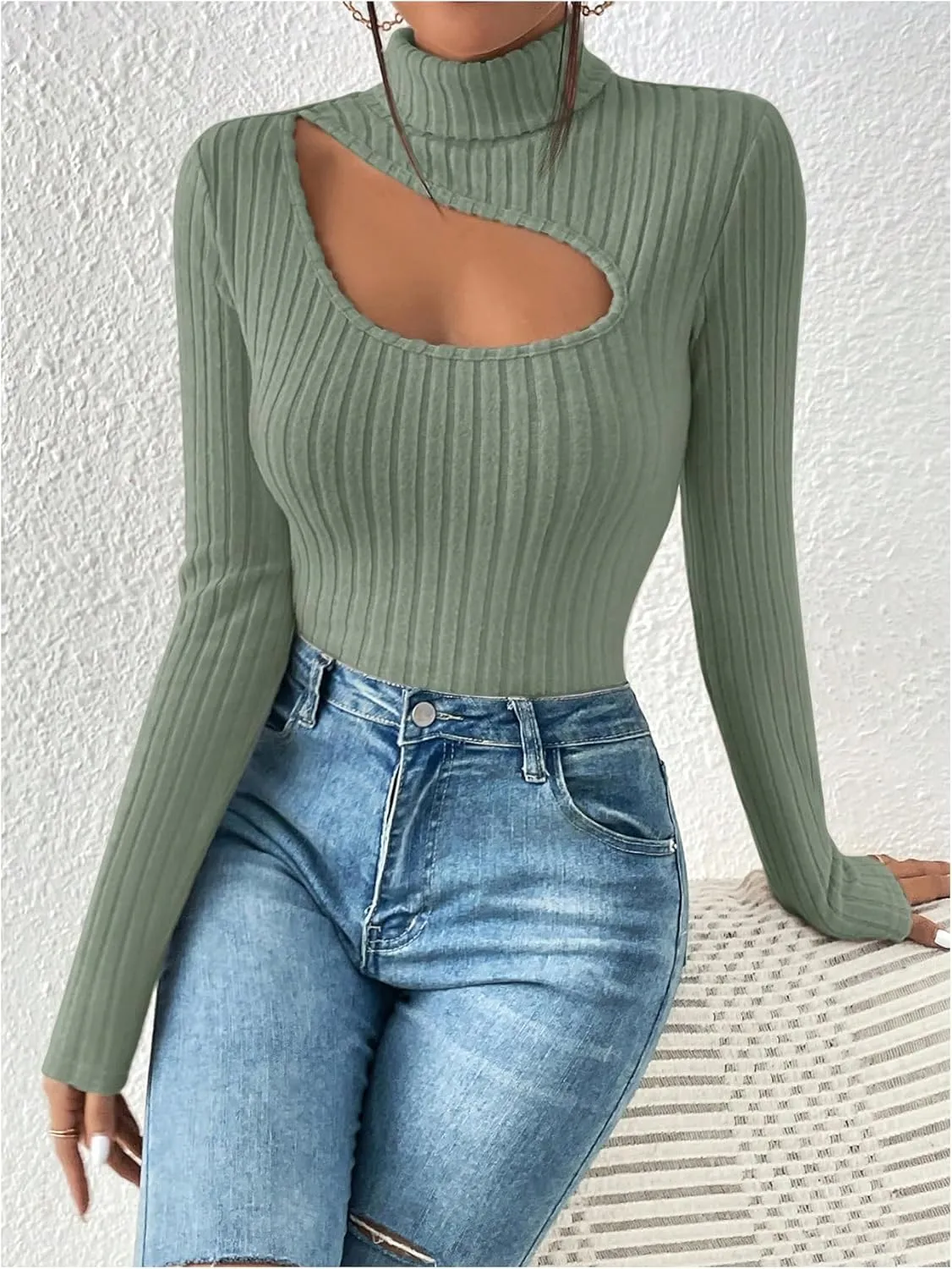 MakeMeChic Women's Ribbed Knit Tee Turtleneck Cut Out Long Sleeve Slim Fit T Shirt Tops