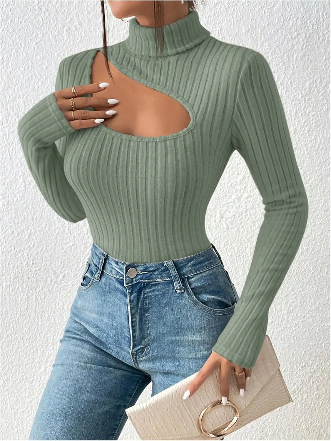 MakeMeChic Women's Ribbed Knit Tee Turtleneck Cut Out Long Sleeve Slim Fit T Shirt Tops