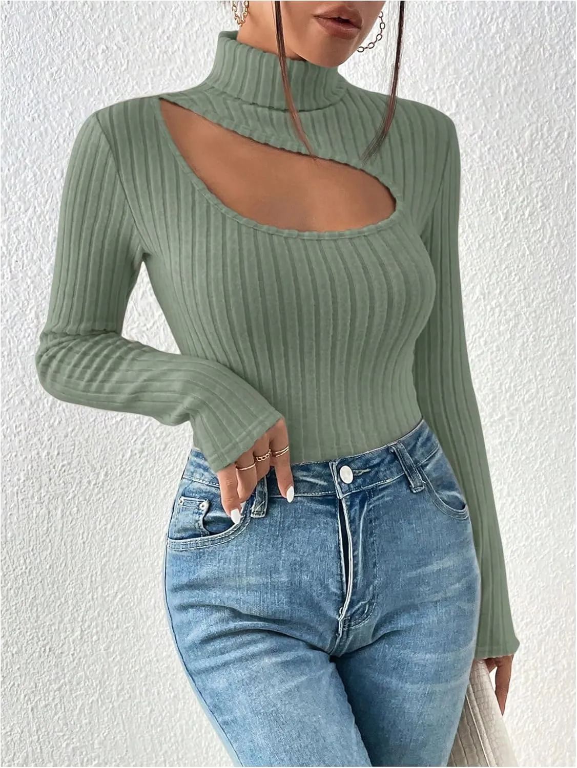 MakeMeChic Women's Ribbed Knit Tee Turtleneck Cut Out Long Sleeve Slim Fit T Shirt Tops