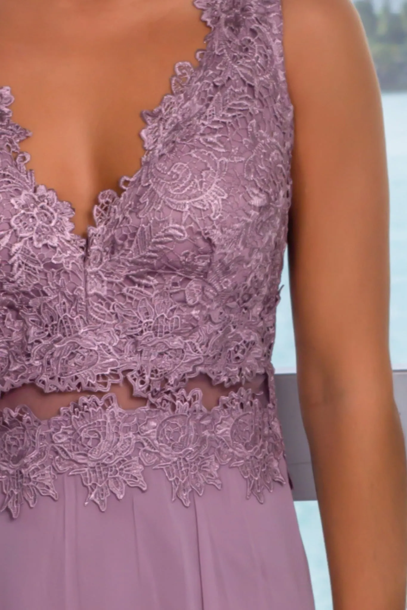 Mauve V-Neck Maxi Dress with Crochet Top