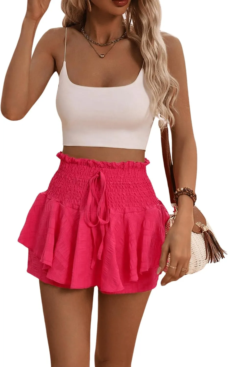 Milumia Women's Layered Ruffle Paperbag High Waist Knot Front Cute Summer Shorts