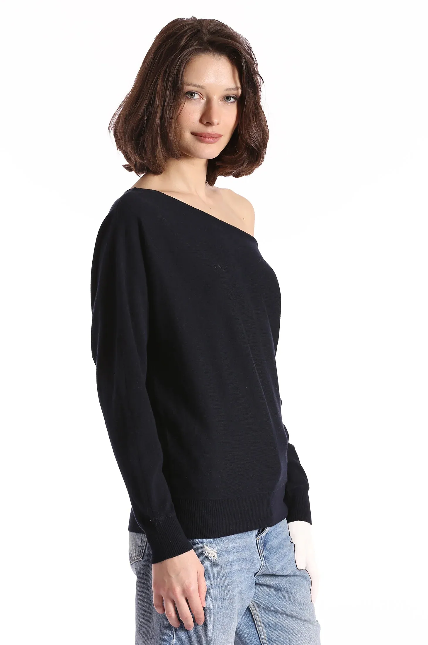 Minnie Rose Cashmere Off The Shoulder Top Black Charcoal
