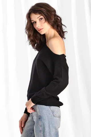 Minnie Rose Cashmere Off The Shoulder Top Black Charcoal
