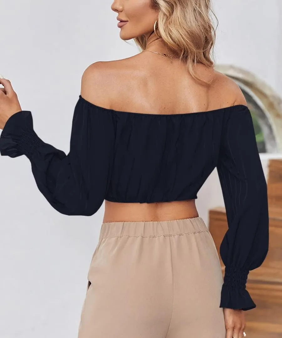MIRACMODA Womens Elegant Off The Shoulder Puff Sleeve Blouse Summer Chiffon Slim Fit Party Crop Top